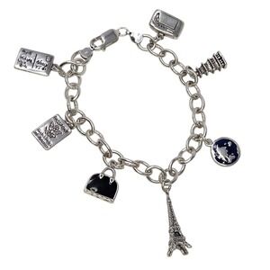 VTG Sterling Silver Travel Charm Bracelet Eiffel Tower Paris Passport 7" 25.8g